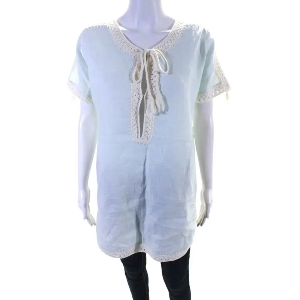 Tory Burch Women's Round Neck Short Sleeves Crochet Hem Blouse Blue Size M